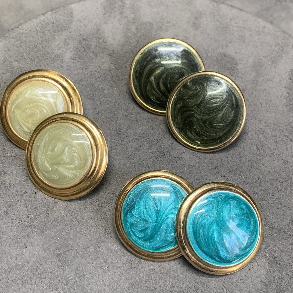 Vintage Round Shield Earrings Gold Tone With Swirl Enamel Accents 3 Sets Pierced